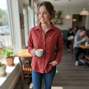 Woolrich Women’s M Embroidered Corduroy Snap Shirt - Deep Rustic Red